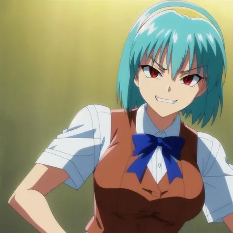masterpiece, best quality, highres, seigraKoizumi, solo, aqua hair, yellow hairband, <lora:corruption:0.2>, jitome, red eyes, mind control <lora:mindcontrol:0.5> empty eyes, sanpaku <lora:sanpaku:0.2>. evil grin, evil smile, closed mouth, brown vest, blue ribbon, short sleeves, crossed arms, breast squeeze, hetero