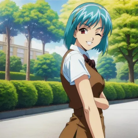 masterpiece, best quality, official art, outdoors, garden, upper body, solo, gyaru, aqua hair, short hair, hairband, red eyes, tsurime, one eye closed, grin, peace sign v, brown vest, blue ribbon, short sleeves, brown skirt, wristwatch, koizumi hitomi