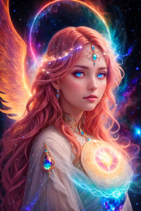 8k portrait of beautiful woman celestial, deity, goddess Style-Gravitymagic,, light particles, halo, looking at viewer, (bioluminescent:0.95) flame, bioluminescence, phoenix, beautiful eyes, Vibrant, Colorful, Color, 8k, high quality, hyper realistic, professional photography <lora:add_detail:0.4>