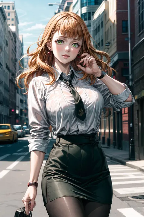 ((best quality)), ((highly detailed)), masterpiece, ((official art)),(mimosa vermillion), (orange hair:1.2),outdoors,city,(green eyes, glowing green eyes),(floating hair),(high-waist skirt:1.2),(black skirt:1.2),(black necktie:1.1),(seductive smile),(closed mouth),(lips:1.2),jewelry, wristwatch, skirt, solo, (cowboy shot:1.2),standing, pencil skirt, belt, (red earrings:1.1), collared shirt, ,office lady,(formal:1.1), shirt tucked in, (skirt suit),black pantyhose, dress shirt, intricately detailed, hyperdetailed, blurry background,depth of field, best quality, masterpiece, intricate details, tonemapping, sharp focus, hyper detailed, trending on Artstation,1 girl, high res, official art