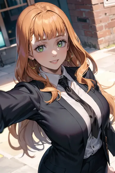 (selfie),1girl,beautiful mimosa_vermillion,long hair, bangs, green eyes, orange hair, hoop Earrings, office lady, black suit, business clothes, black necktie, smile, outdoors, city, (volumetric lighting), best quality, masterpiece, intricate details, tonemapping, sharp focus, hyper detailed, trending on Artstation,