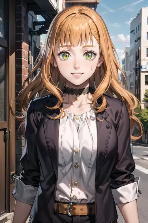 1girl, upper body, portrait, beautiful mimosa_vermillion, long hair, green eyes, orange hair, shirt, pants, choker, open jacket, city, smile, outdoors, (volumetric lighting), best quality, masterpiece, intricate details, tonemapping, sharp focus, hyper detailed, trending on Artstation,