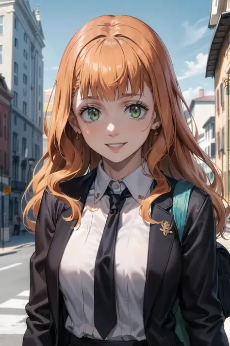 1girl, upper body, portrait, beautiful mimosa_vermillion,long hair, bangs, green eyes, orange hair,school uniform, black necktie, black skirt, black jacket, open jacket, backpack, city, smile, outdoors, ,outdoors, (volumetric lighting), best quality, masterpiece, intricate details, tonemapping, sharp focus, hyper detailed, trending on Artstation,