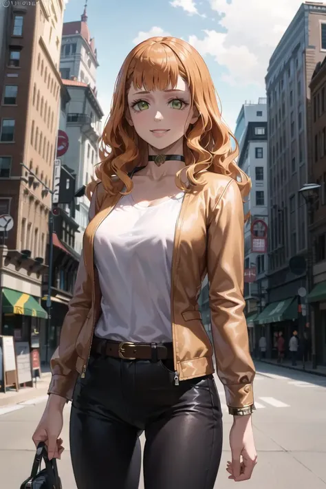 1girl,beautiful mimosa_vermillion,long hair, bangs, green eyes, orange hair, shirt, pants, choker, open jacket, city, smile, outdoors, (volumetric lighting), best quality, masterpiece, intricate details, tonemapping, sharp focus, hyper detailed, trending on Artstation,