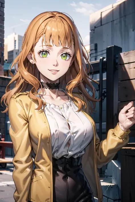 1girl, upper body, portrait, beautiful mimosa_vermillion, long hair, green eyes, orange hair, shirt, pants, choker, open jacket, city, smile, outdoors, (volumetric lighting), best quality, masterpiece, intricate details, tonemapping, sharp focus, hyper detailed, trending on Artstation,