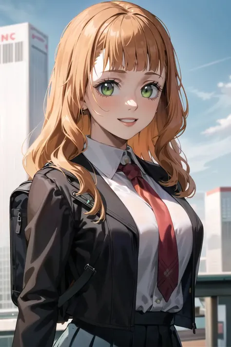 1girl, upper body, portrait, beautiful mimosa_vermillion,long hair, bangs, green eyes, orange hair,school uniform, black necktie, black skirt, black jacket, open jacket, backpack, city, smile, outdoors, ,outdoors, (volumetric lighting), best quality, masterpiece, intricate details, tonemapping, sharp focus, hyper detailed, trending on Artstation,