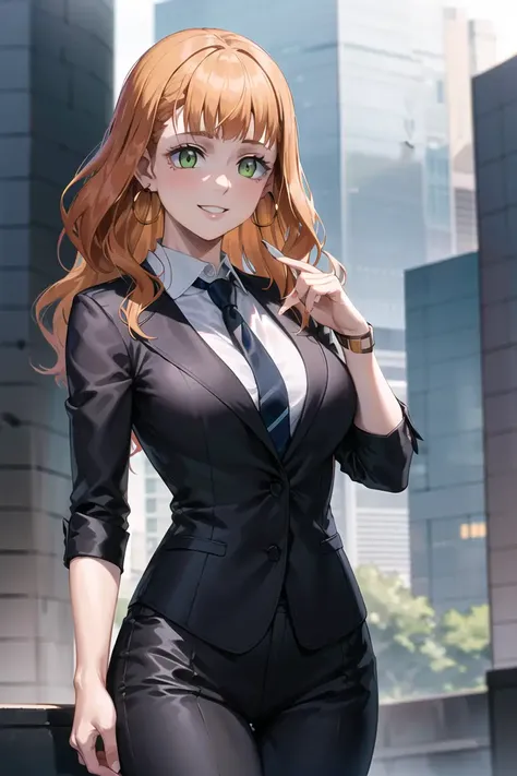 1girl,beautiful mimosa_vermillion,long hair, bangs, green eyes, orange hair, hoop Earrings, office lady, black suit, business clothes, black necktie, smile, outdoors, city, (volumetric lighting), best quality, masterpiece, intricate details, tonemapping, sharp focus, hyper detailed, trending on Artstation,