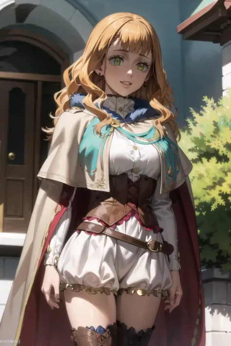 1girl, upper body, portrait, beautiful mimosa_vermillion,(mage_dress), (golden_cape), long hair, bangs, green eyes, orange hair,white skirt, red earrings,capelet,fur trim, red cape,brown boots,brown corset, thighhighs, zettai ryouiki, white long sleeves ,belt, forest, smile,small lips,outdoors, volumetric lighting, best quality, masterpiece, intricate details, tonemapping, sharp focus, hyper detailed, trending on Artstation,