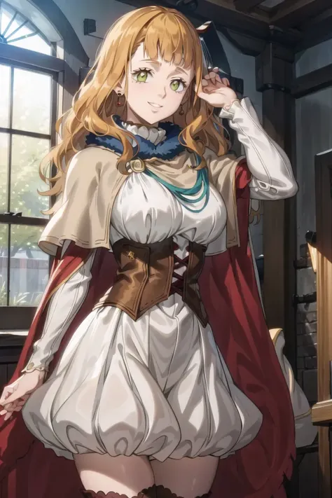 1girl, cowboy shot, beautiful mimosa_vermillion,long hair, bangs, green eyes, orange hair, mage_dress, golden_cape,mimosa_earrings, white sleeves, white skirt,smile,room,indoors, volumetric lighting, best quality, masterpiece, intricate details, tonemapping, sharp focus, hyper detailed, trending on Artstation,