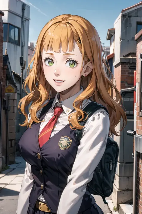 1girl, upper body, portrait, beautiful mimosa_vermillion,long hair, bangs, green eyes, orange hair,school uniform, black necktie, black skirt, black jacket, open jacket, backpack, city, smile, outdoors, ,outdoors, (volumetric lighting), best quality, masterpiece, intricate details, tonemapping, sharp focus, hyper detailed, trending on Artstation,