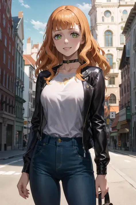 1girl,beautiful mimosa_vermillion,long hair, bangs, green eyes, orange hair, shirt, pants, choker, open jacket, city, smile, outdoors, (volumetric lighting), best quality, masterpiece, intricate details, tonemapping, sharp focus, hyper detailed, trending on Artstation,