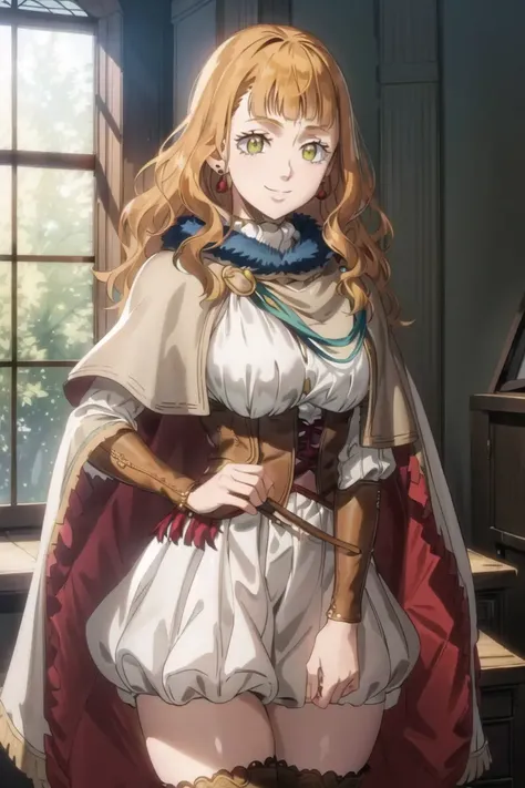 1girl, cowboy shot, beautiful mimosa_vermillion,long hair, bangs, green eyes, orange hair, mage_dress, golden_cape,mimosa_earrings, smile,room,indoors, volumetric lighting, best quality, masterpiece, intricate details, tonemapping, sharp focus, hyper detailed, trending on Artstation,