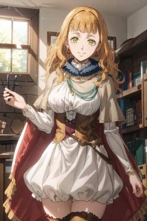 1girl, cowboy shot, beautiful mimosa_vermillion,long hair, bangs, green eyes, orange hair, mage_dress, golden_cape,mimosa_earrings, smile,room,indoors, volumetric lighting, best quality, masterpiece, intricate details, tonemapping, sharp focus, hyper detailed, trending on Artstation,