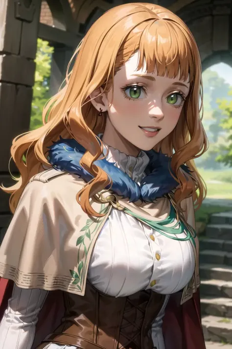 1girl, upper body, portrait, beautiful mimosa_vermillion,(mage_dress), (golden_cape), long hair, bangs, green eyes, orange hair,white skirt, red earrings,capelet,fur trim, red cape,brown boots,brown corset, thighhighs, zettai ryouiki, white long sleeves ,belt, forest, smile,outdoors, (volumetric lighting), best quality, masterpiece, intricate details, tonemapping, sharp focus, hyper detailed, trending on Artstation,