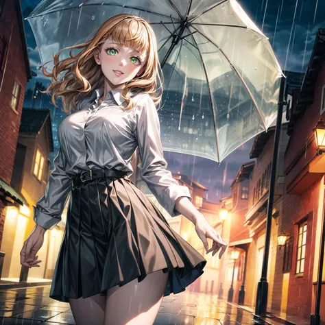 ((best quality)), ((highly detailed)), masterpiece, ((official art)),mimosa vermillion,orange hair, (green eyes, glowing green eyes), (collared shirt:1.3),holding umbrella, (water drop),(rain:1.2),(night:1.2),city, holding ,umbrella, puddle, solo, sidewalk, white shirt, shirt, black skirt,pleated skirt,belt,(light smile),lips, outdoors, brick wall, looking at viewer, pavement, formal,long sleeves, overcast, utility pole, collared shirt, cloudy sky,intricately detailed, hyperdetailed, blurry background,depth of field, best quality, masterpiece, intricate details, tonemapping, sharp focus, hyper detailed, trending on Artstation,1 girl, solo ,high res, official art
