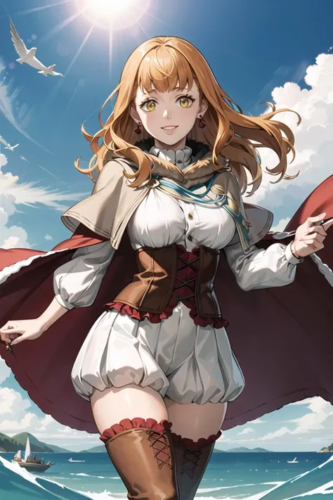 beautiful mimosa vermillion,orange hair, red cape, capelet, turtleneck sweater, corset, thighhighs,thigh boots, earrings, smile, looking at viewer, (floating:1.4), floating object, ,outdoors, sky, cloud, sun, light smile, scenery, (volumetric lighting), best quality, masterpiece, intricate details, tonemapping, sharp focus, hyper detailed, trending on Artstation,
