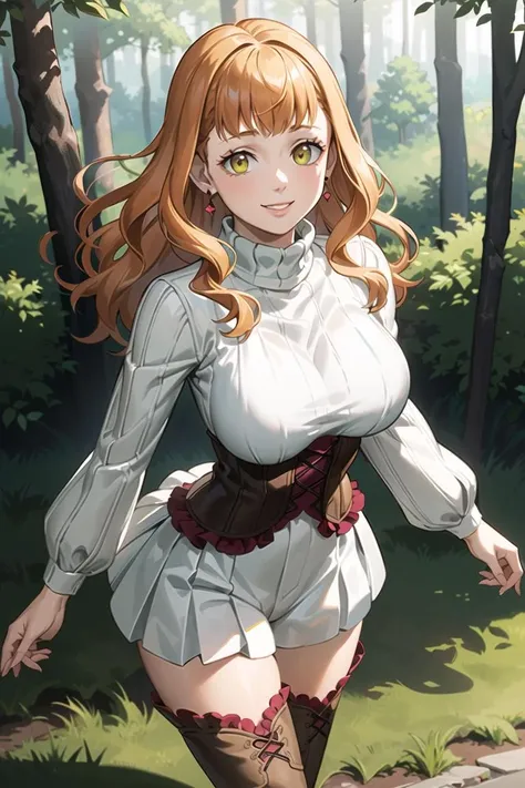mimosa vermillion,orange hair, turtleneck sweater, corset, thighhighs, earrings, smile, looking at viewer, window, light smile, (intricately detailed, hyperdetailed), blurry background,depth of field, best quality, masterpiece, intricate details, tonemapping, sharp focus, hyper detailed, trending on Artstation,1 girl, high res,facing viewer, official art
