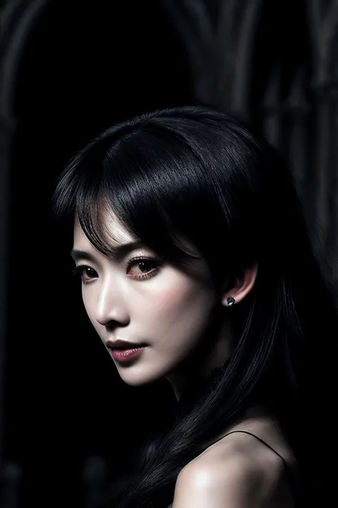 A close up of a woman with long black hair and a black dress - SeaArt AI