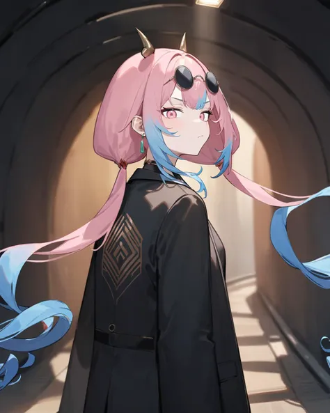 masterpiece,best quality,tunnel,suit,(black suit:1.2),looking_back,looking at viewer,serious,cool,
<lora:jinlang_xl:0.9>,jinglang,1girl,solo,eyewear,sunglasses,horns,pink hair,pink eyes,multicolored hair,blue hair,twintails,long hair,jewelry,gradient hair,round eyewear,earrings,