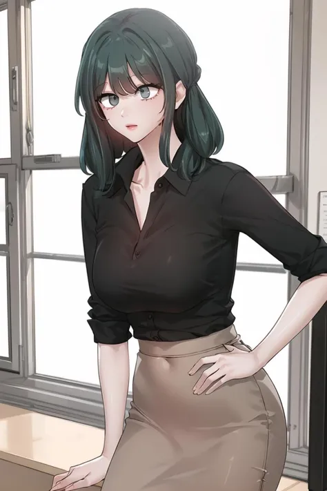 <lora:YelenaYerin_CC_V2:1> yelenadef, green hair, green eyes, medium hair
turtleneck sweater, brown sweater, long sleeves, black skirt,
masterpiece, best quality,