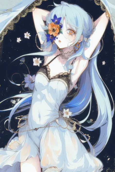 1girl, light blue hair, orange eyes, long hair, hair between eyes, ringlets, despair, ballgown, innocence, yoshitaka amano character design, style by NTY, birdcage, morbid, solo <lora:PsychoMode:0.7>, flower eyepatch, <lora:Kinomi_Flower_Eyepatch:1>