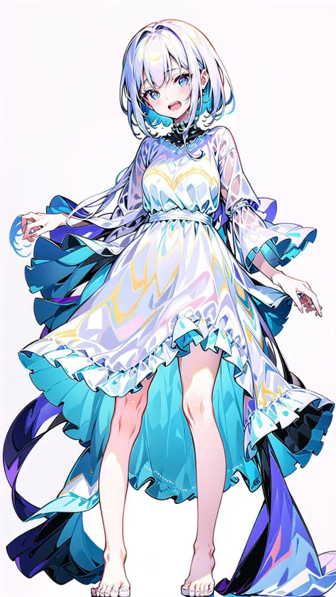 masterpiece, best quality,1girl, full body,solo,(simple background,white background:1.5),standing strait, looking at viewer,open mouth, laugh,white dress, summer dress, open dress, white skirt, <lora:GoodHands-vanilla:1> vt <lora:VtuberV2-000007:1>