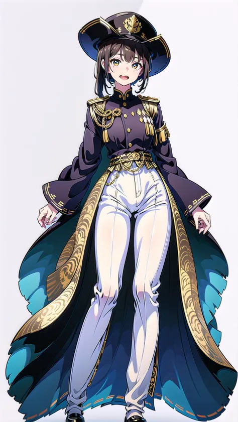 masterpiece, best quality,1girl, full body,solo,(simple background,white background:1.5),standing strait, looking at viewer,open mouth, laugh,military uniform, pants, black uniform, gold patterns, hat, <lora:GoodHands-vanilla:1> vt <lora:VtuberV2-000007:1>,long legs,