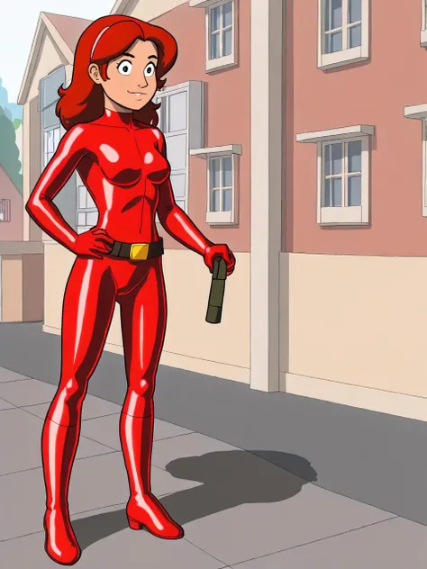 (art by dave johnson:1.3), 1girl, standing, in a town, (town:1.4), red leather bodysuit, <lora:ConfettiTail:1>, red hair, solo