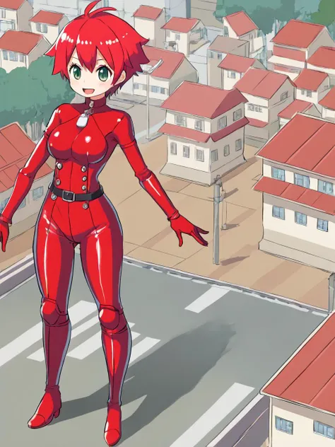 (art by takehito harada:1.3), 1girl, standing, in a town, (town:1.4), red leather bodysuit, <lora:ConfettiTail:1>, red hair, solo