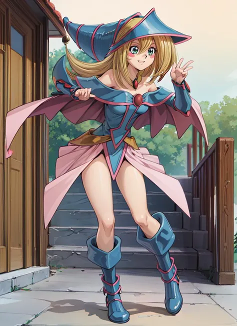 ((best quality)), ((highly detailed)), extremely detailed face, beautiful face, , (1girl), (solo), dutch_angle, dynamic pose, full body, very wide shot, <lora:Dark Magician Girl:.5>, DMG, blonde hair, blue eyes, blush stickers, smiling, wizard hat, off shoulder, capelet, skirt, gauntlets, boots, (inside, at a shopping mall)