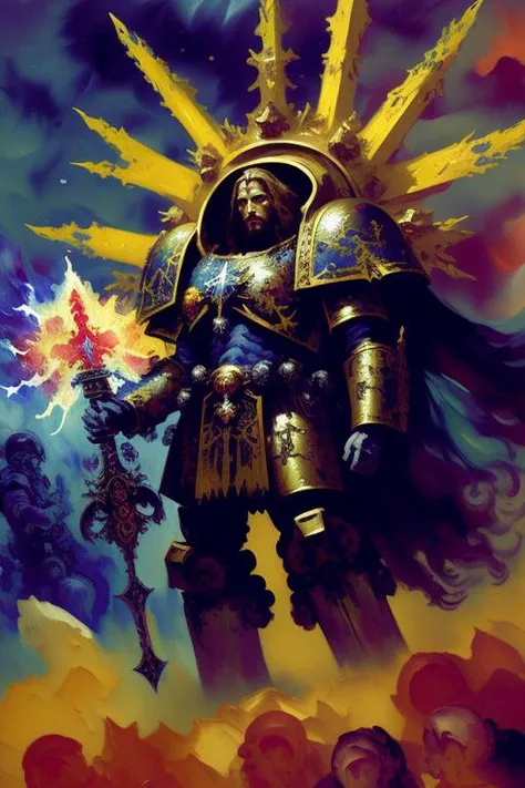 Jesus Christ wearing a Warhammer 40k space marine armor while fighting demons, cinematic lighting, inspiring, vibrant, grim, dark, epic, (impressionist gouache oil on canvas painting:1.5), ultra sharp, hyper detailed, hyper realism, masterpiece, professional CGI, HDR, UHD, best quality, high resolution, 8k resolution