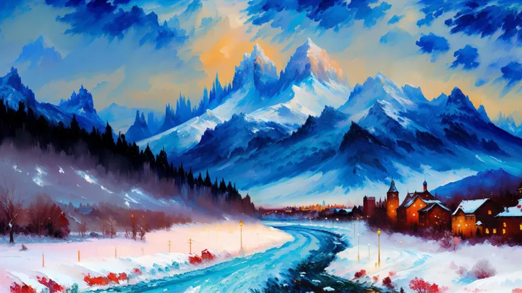 a winter wonderland, a vast mountain range covered in snow, towering peaks, frozen rivers, a distant metropolis shining bright, hyper detailed, impressive, masterpiece, inspiring, cinematic lighting, (impressionist gouache oil painting:1.5), best quality, high resolution, 8k resolution