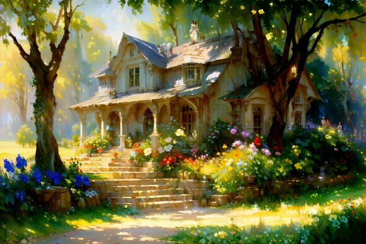 breathtaking The Shire by daniel f gerhartz, hyper detailed, masterpiece, (impressionist gouache oil on canvas painting:1.25), hyper detailed, best quality, high resolution, 8k . award-winning, professional, highly detailed, ~*~aesthetic~*~