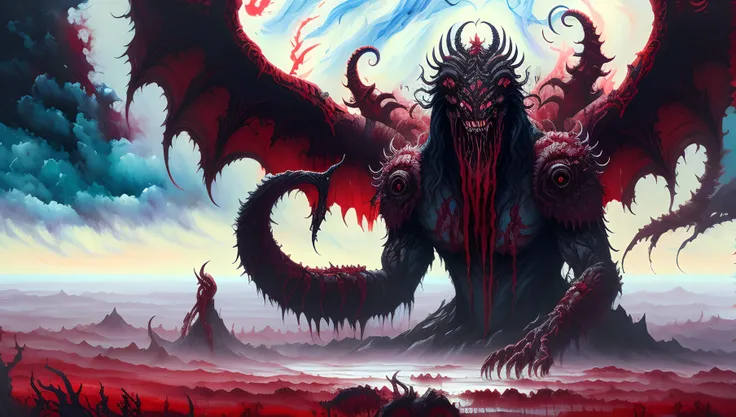 The thousand teeth monster lurks in the plains of blood, mist, a banshee scours the plain, hyper detailed, impressive, masterpiece, inspiring, cinematic lighting, (gouache oil painting:1.5), best quality, high resolution, 8k resolution