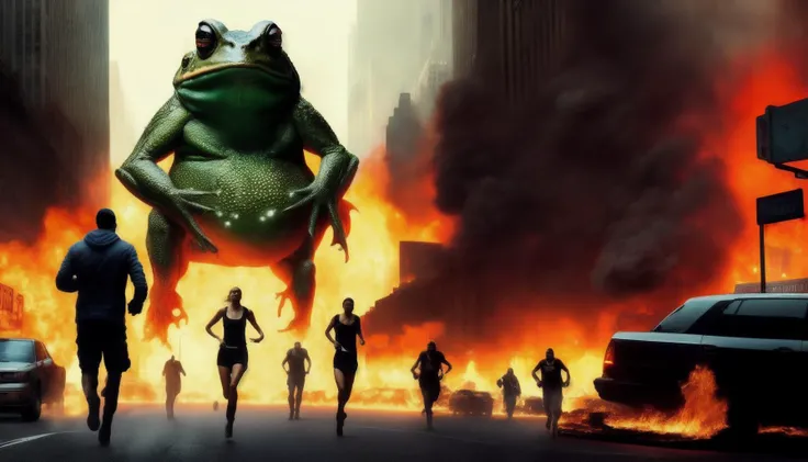 Giant frog monster destroying New York City, fire, desolation, people running, cinematic lighting, vibrant, epic, digital painting, high detail, UHD, 64K