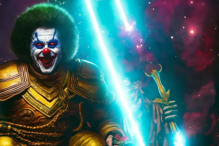 Cosmic clown makes the elder gods laugh, cinematic lighting, vibrant, epic, digital painting, high detail, UHD, 8k