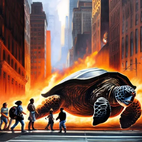 Giant turtle destryoing New York City, fire, people running, desolation, cinematic lighting, vibrant painting, high detail, hyper realism