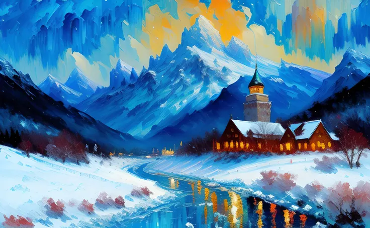 a winter wonderland, a vast mountain range covered in snow, towering peaks, frozen rivers, a distant metropolis shining bright, hyper detailed, impressive, masterpiece, inspiring, cinematic lighting, (impressionist gouache oil painting:1.5), best quality, high resolution, 8k resolution