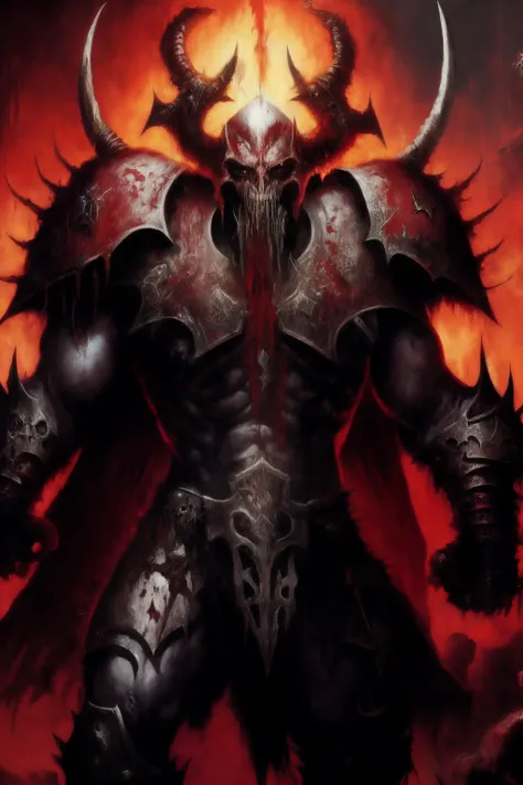 Chaos marine serving Khorne, guts, gore, ultra-violence, flesh, wounds, mutilation, torture, atrocity, brutal, rage, cinematic lighting, vibrant, epic, digital painting, high detail, UHD, 8k