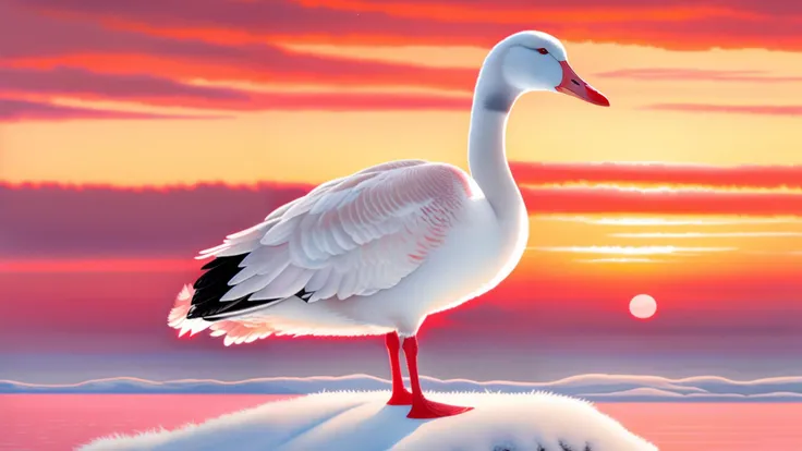 white goose with a long beak in a harsh winter landscape with a red sky, impressive, masterpiece, ultra detailed, high quality, high resolution, 4k, gouache apocalyptic painting