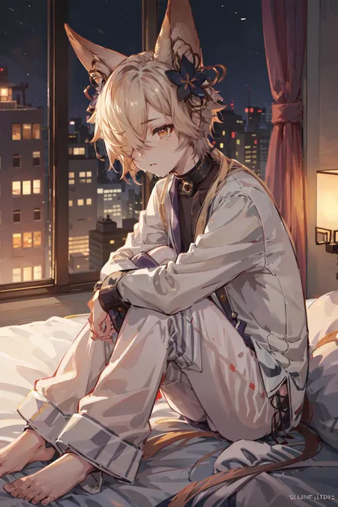 <lora:kou_granblue:.75> Kou, 1boy, hair ornament, (tail:1.2), hair over one eye, sitting, in bed, (looking away:1.2), laying on wall, sad, crying, pajamas, pants, long sleeves, modern city, metropolis, looking through window, red lighting, soft light, sidelit, :t hugging knees, silhouette
