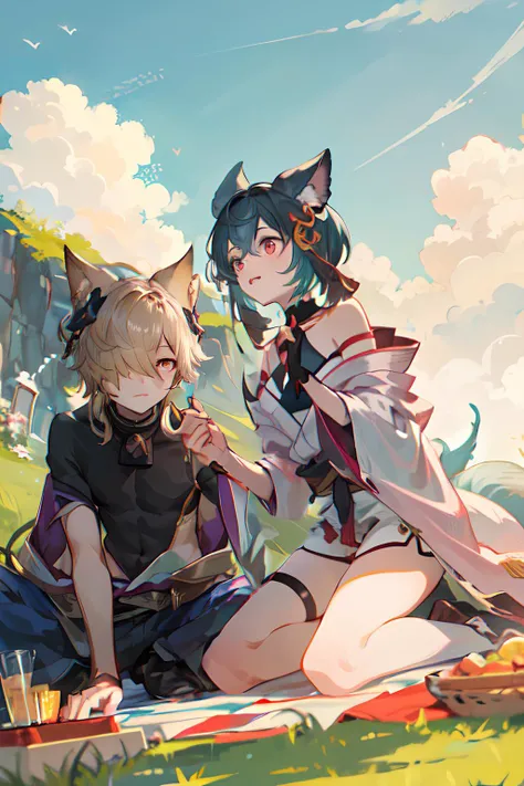 outdoors, brother and sister, multiple characters, picnic, sitting, from below, slope, grass, 1boy, <lora:kou_granblue:.7>, Kou, japanese clothes, backless outfit, hair over one eye, tail, hair ornament