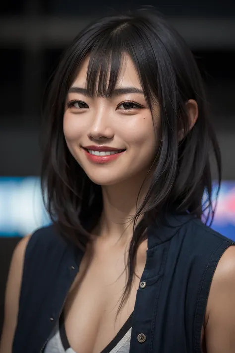 1girl, face,depth of field, smile, messy hair,