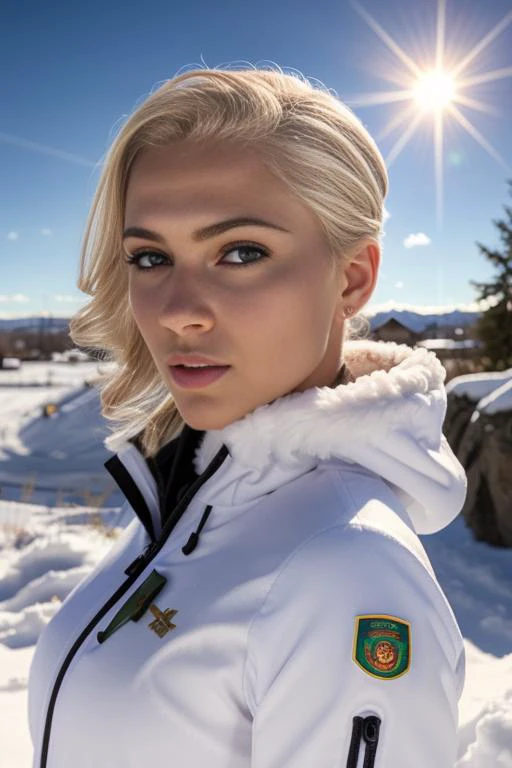 blonde girl, archer, snow, sun, 8K, high quality, photorealistic, realism, hyperrealism, art photography <lora:epi_noiseoffset2:0.3>