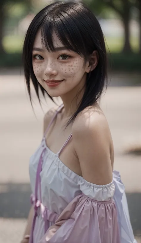 1girl, freckles, looking at viewer, upper body, depth of field, close-up, smile,  gradient, sunlight, face, bare shoulders,