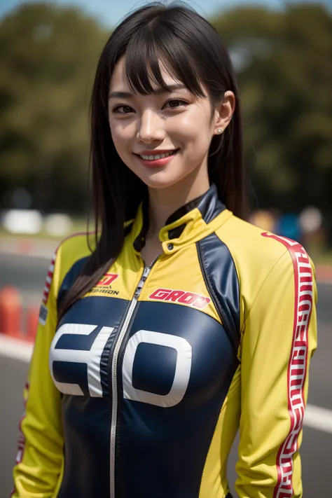 （8k、Raw photography、highest quality、masterpiece：1.2),(Black Hair:1.8),(ponytail:1.4)、View your audience,Viewed from the front,White skin,(Racing Suits:1.6)、(Tight waist:1.6)、(Clothes that accentuate the shape of the breasts:1.0)、(Big Breasts :1.3)、Slim figure、Ultra-high resolution,beautiful,beautiful fece,(one person、No background:1.9),whole bodyボディー,Japanese women,（reality的：1.37）、Photon Mapping,reality、(-faced and cute: 1.5)、(Cute Smile: 1.8)、(Round face: 1.8)、Radio City、Physically Based Rendering、Depth of field rally background、photograph, (I can see your knees、Thigh close-up:1.8),（:1.6）,whole body、Great quality