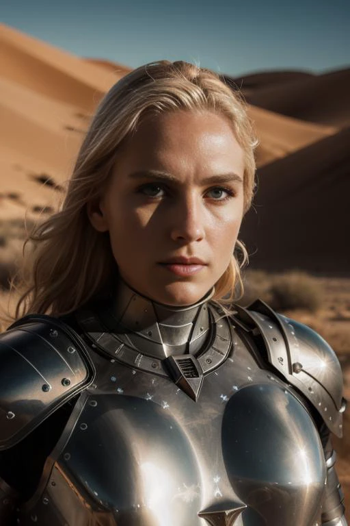 beautiful blond woman in the desert, sci-fi, armour, shadows, dark scary, 8K, high quality, photorealistic, realism, hyperrealism, art photography <lora:epi_noiseoffset2:0.3>