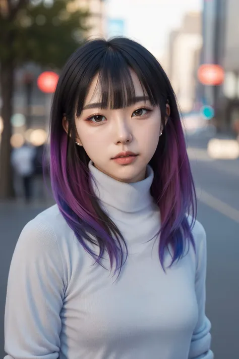 1girl, face, turtleneck, depth of field, gradient hair,