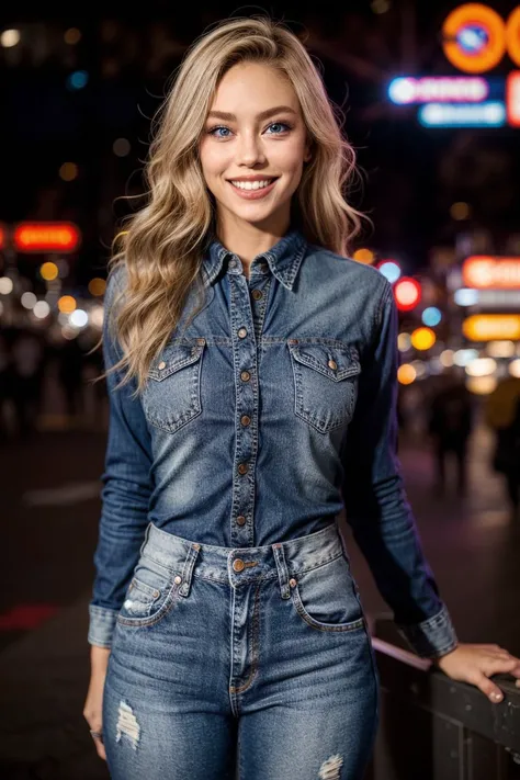 1girl, looking at viewer, blue eyes,  smile, crowd, standing, lights, jeans, blonde, teeth, street, upper body,  close-up,