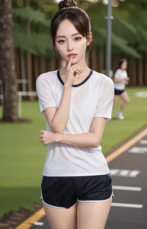 1girl,solo, parted lips,
(sportswear),(sports shorts,thighs),
forest,finger to own chin, looking at viewer, realistic,
<lora:ZhangJia'ni_Jenny:0.6> blunt bangs, single hair bun